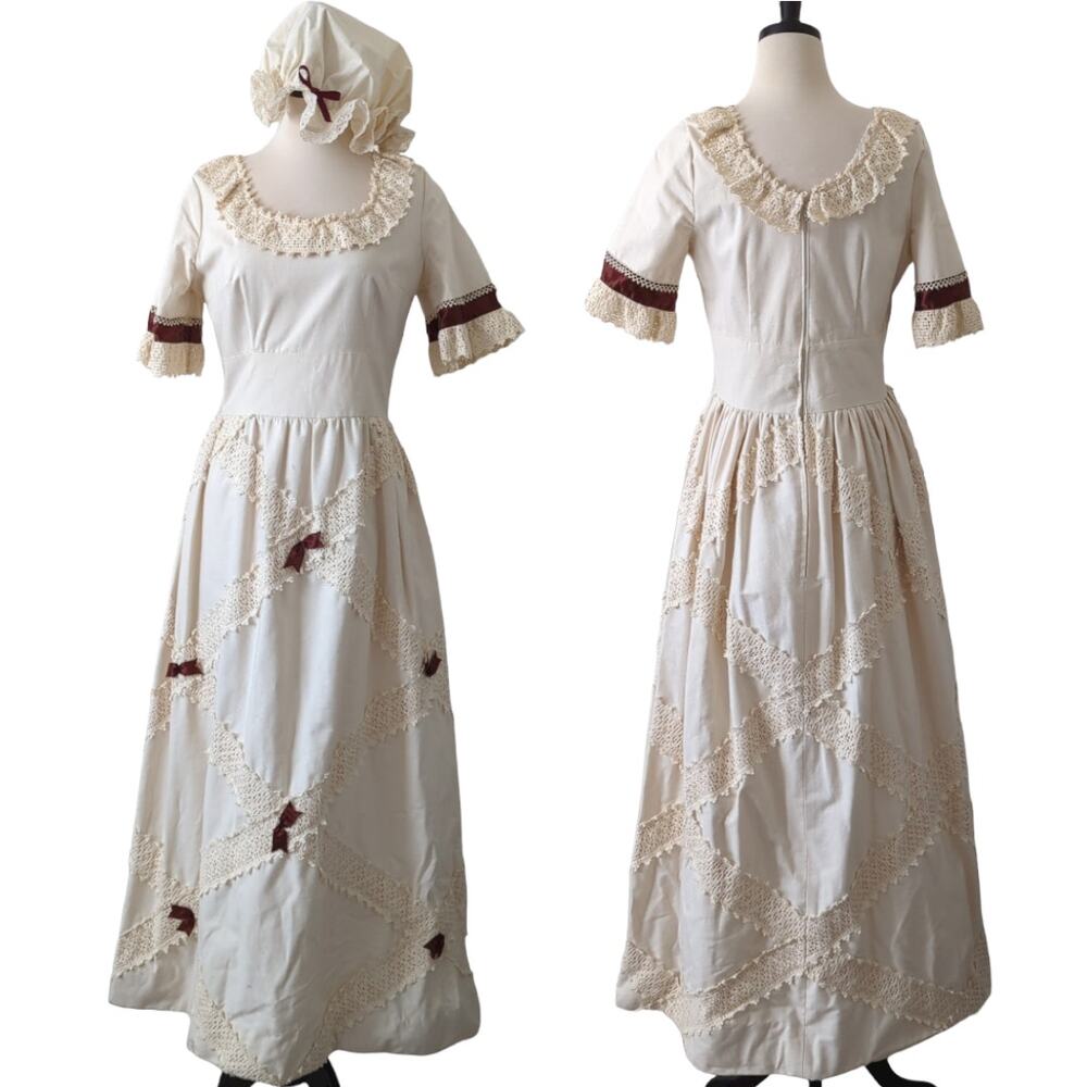 Vintage Womens Maxi Full Dress Victorian Peasant Edwardian Tea Gown Beige Medium